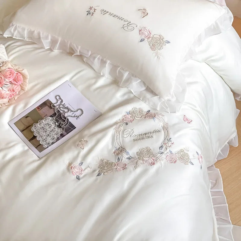 Afralia™ Silky Embroidery Bedding Sets with Lace, Ultimate Comfort for Home and Dorm
