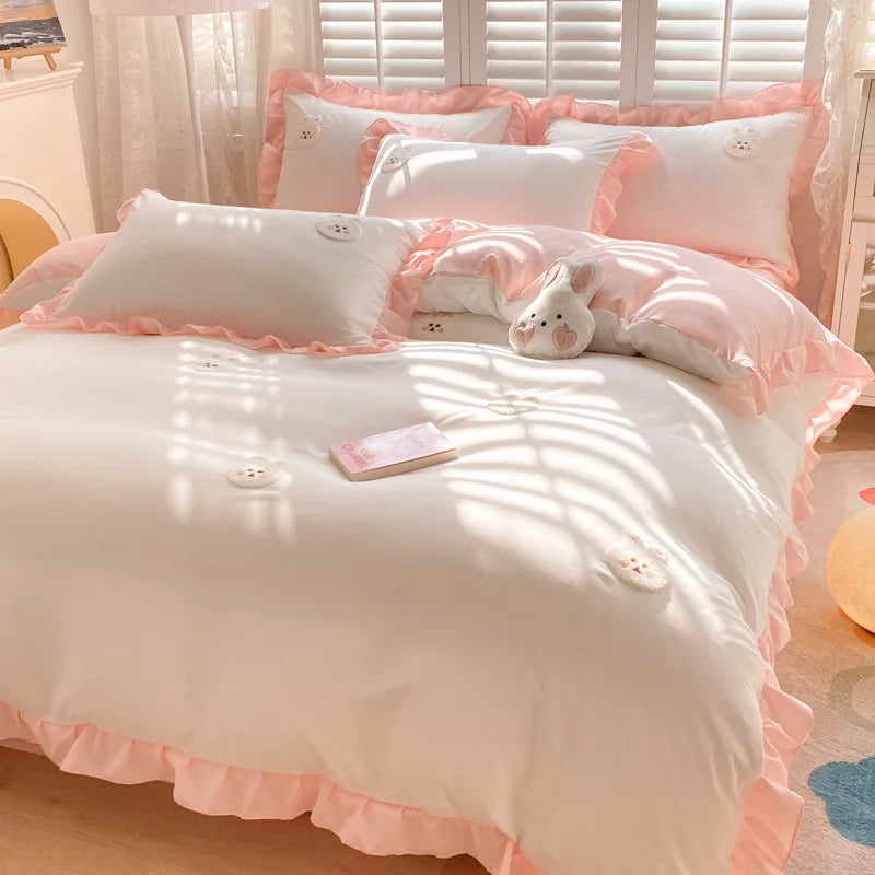 Afralia™ Cartoon Princess Embroidered Cotton Bedding Set for Adult Girls