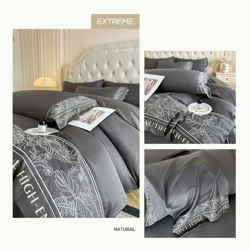 Afralia™ Embroidery Faux Silk Bedding Set Double Bedsheet Kit