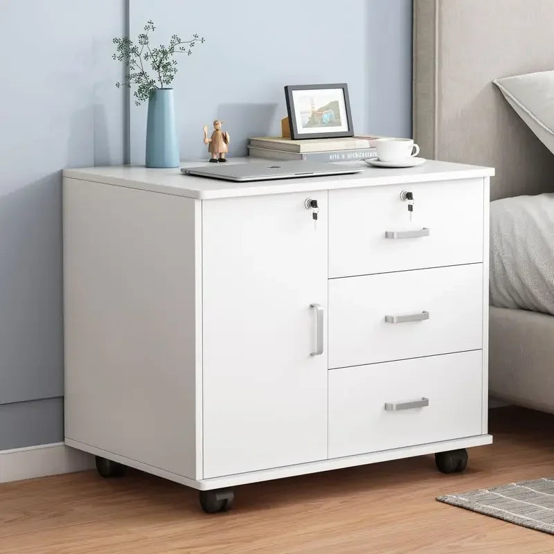 Afralia™ Wooden Mobile Side Cabinet with Lock, Printer Storage Cabinet, Low Drawer Cabinet