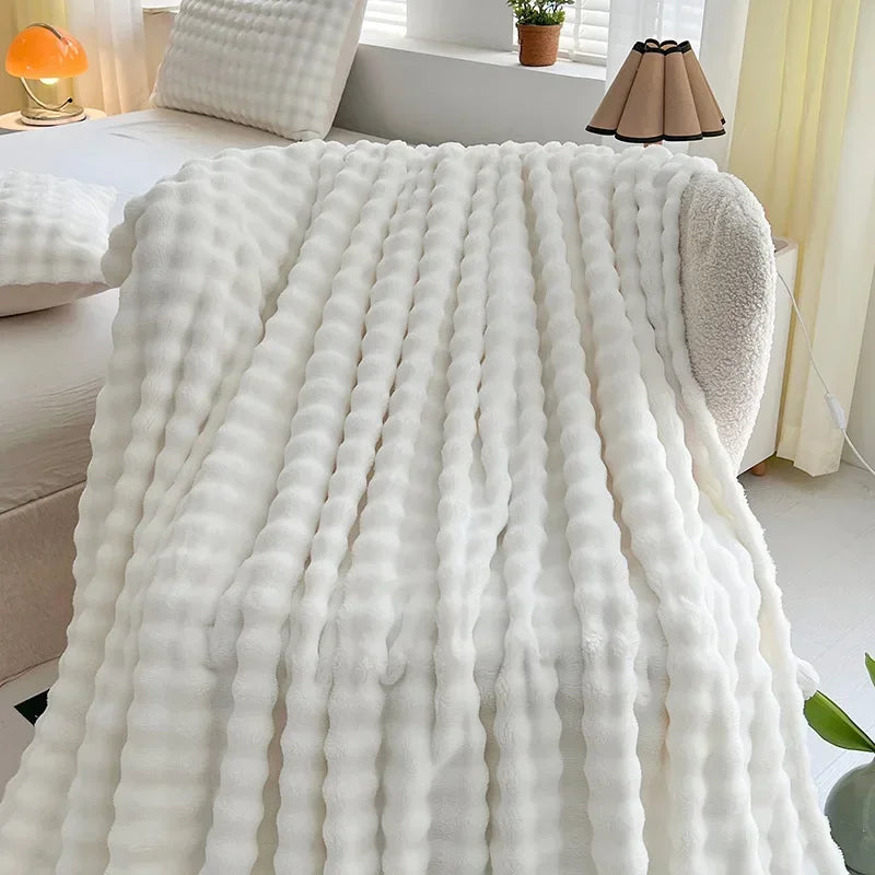 Afralia™ Soft Plush Faux Rabbit Fur Throw Blanket - White Striped Luxury Fluffy Blanket