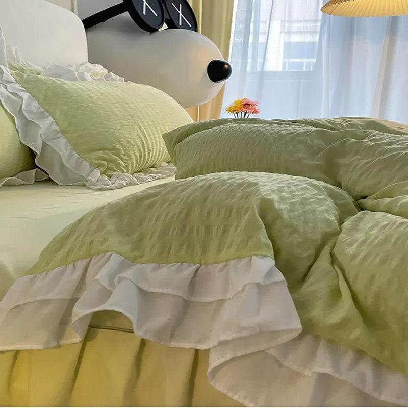 Afralia™ Lace Trim Washed Cotton Bedding Set - 4Pcs Solid Color Duvet Cover & Bed Skirt
