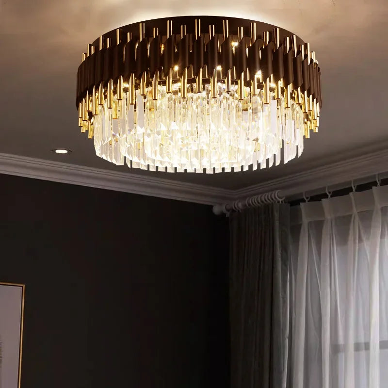 Afralia™ Gold Black Crystal Ceiling Chandeliers: Modern LED Round Kitchen Pendant Lamps for Home Lighting