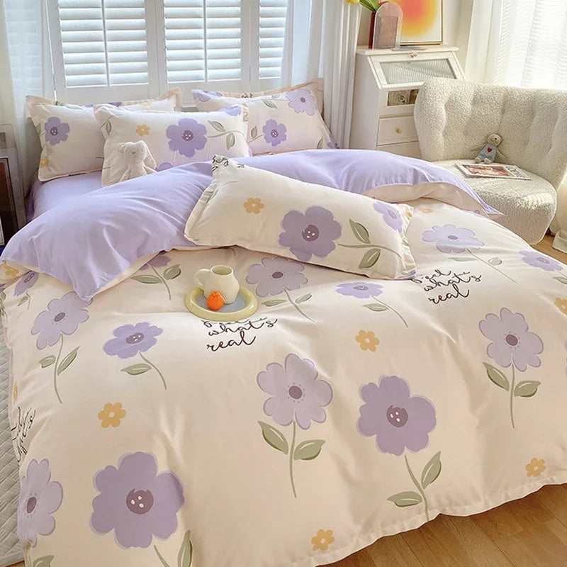 Afralia™ Twill Fabric Bed Sheet Set: Double-Sided Color Blocking, Flower Print Quilt Cover