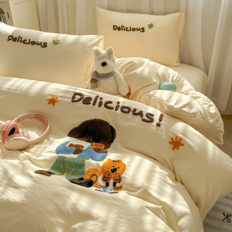 Afralia™ Cartoon Towel Embroidery Bedding Set - Queen Size Bedclothes