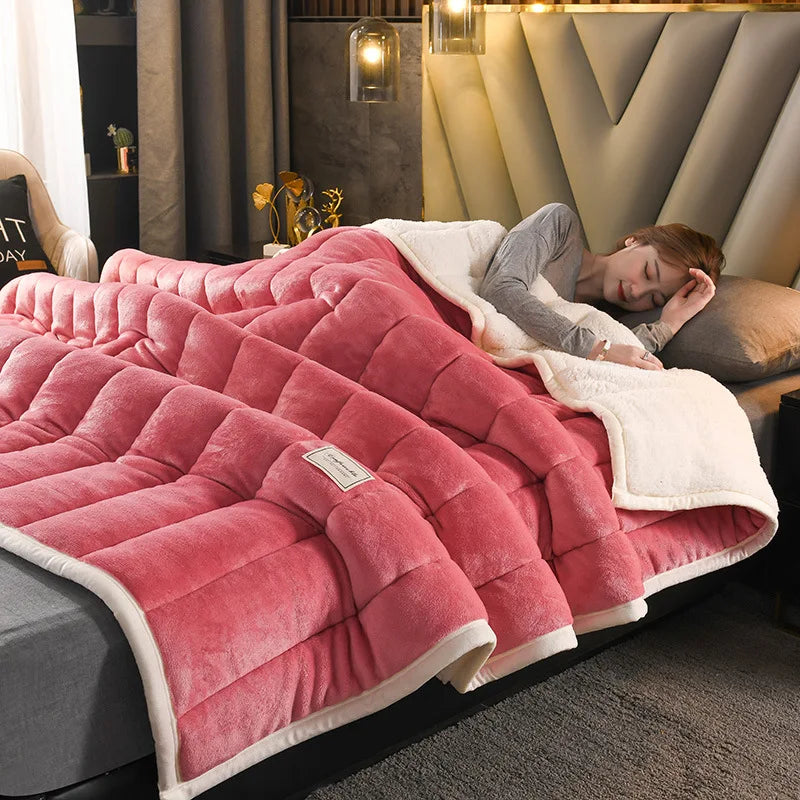Afralia™ Luxury Coral Fleece Blanket for Bed, 3-Layer Soft Warmth Quilt, Washable Classic Winter Comfort.