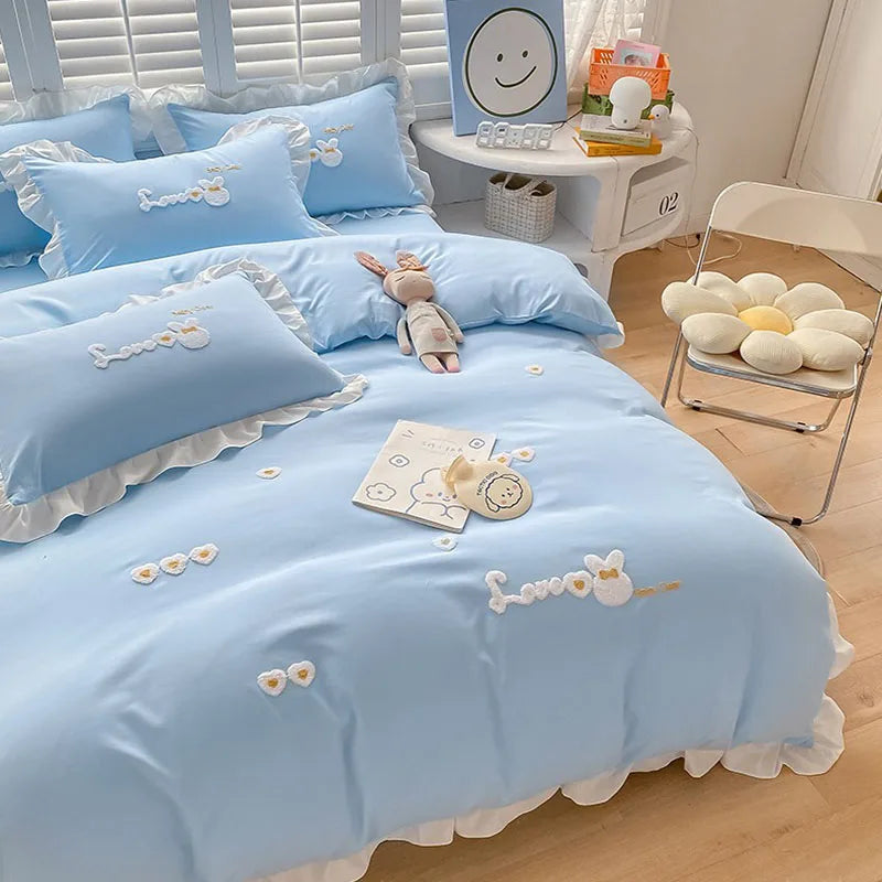 Afralia™ Cartoon Embroidery 100% Cotton Bedding Set King Queen Bedclothes