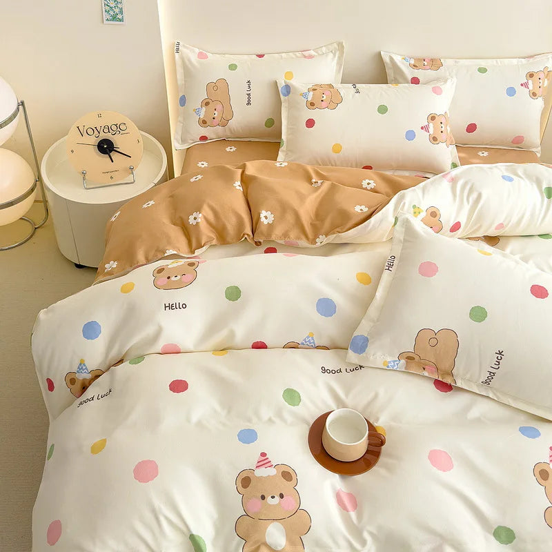 Afralia™ Cozy Flower Print Bedding Set: Brushed Cotton, Skin-Friendly, Soft, Thick, 4Pcs