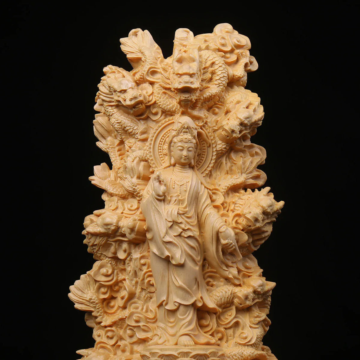 Afralia™ Wooden Carved Nine Dragons Guanyin Puxian Bodhisattva Home Decor Ornament