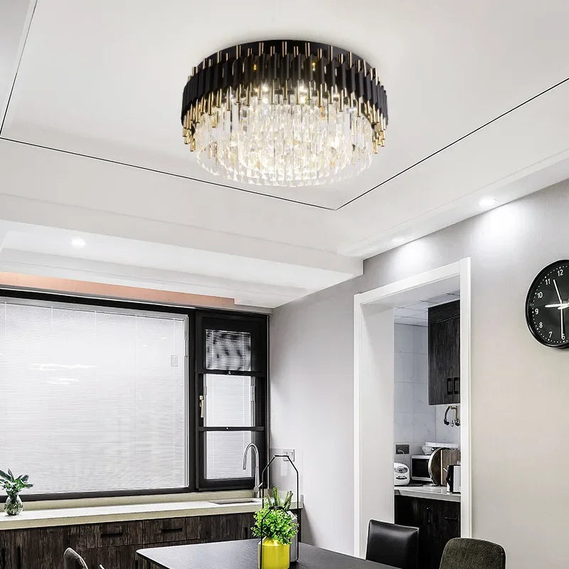 Afralia™ Gold Black Crystal Ceiling Chandeliers: Modern LED Round Kitchen Pendant Lamps for Home Lighting