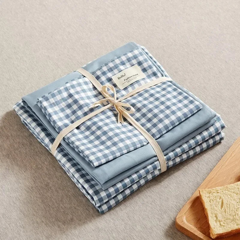 Afralia™ Japanese Grid Print Bed Set in Washed Cotton for Summer Comfort