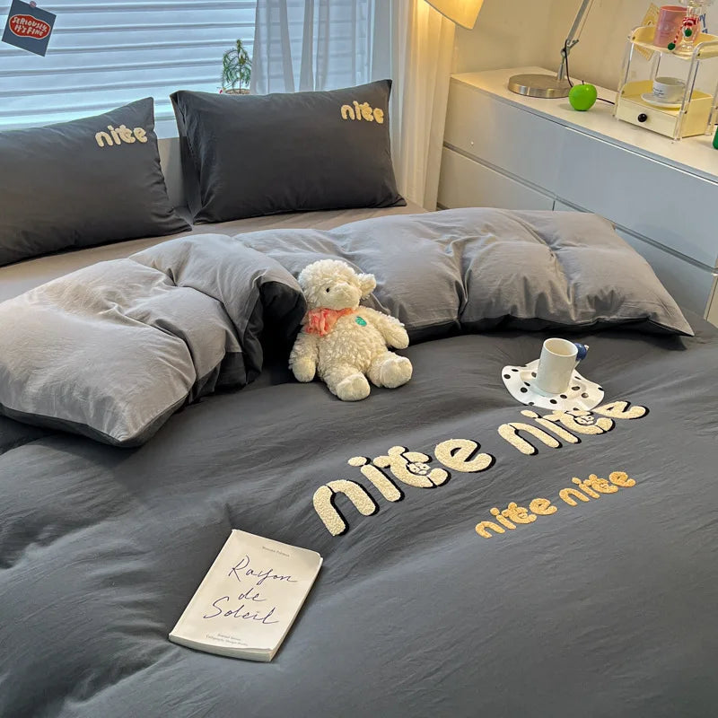 Afralia™ Cartoon Embroidered Cotton Bedding Set for King/Queen Beds