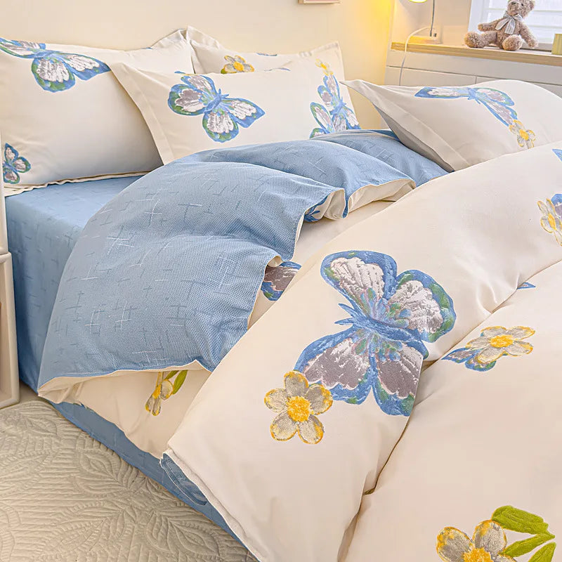 Afralia™ Cozy Flower Print Bedding Set: Brushed Cotton, Skin-Friendly, Soft, Thick, 4Pcs