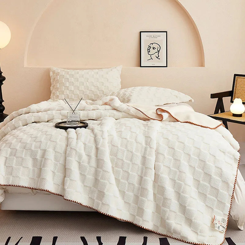 Afralia™ Luxury Teddy Rabbit Checkered Blanket: Double-Sided Velvet Sofa Cover