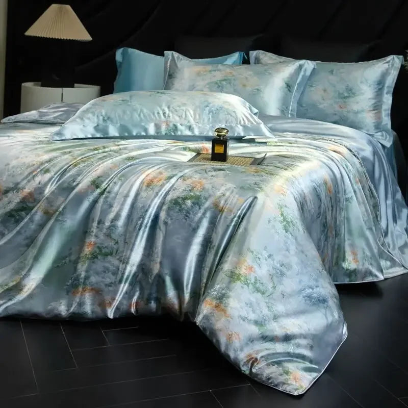 Afralia™ Mulberry Silk Cooling Bedding Set - 3D Printed Satin Fitted Sheet & Quilt Cover