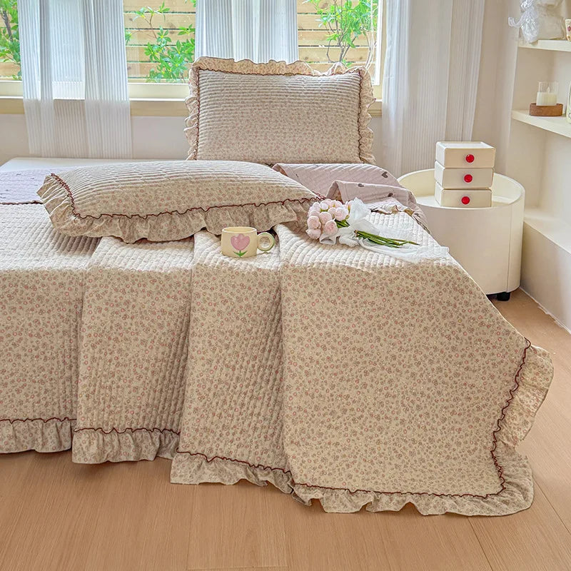 Afralia™ Princess Quilted Bed Cover: Korean Washed Cotton, Single, Lace Detail, Skin-Friendly Fabrics