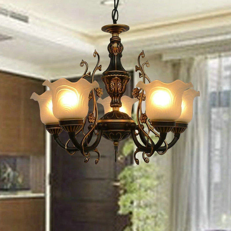 Afralia™ Classic Wrought Iron Chandelier with Glass Lampshade for Home Decor Lighting