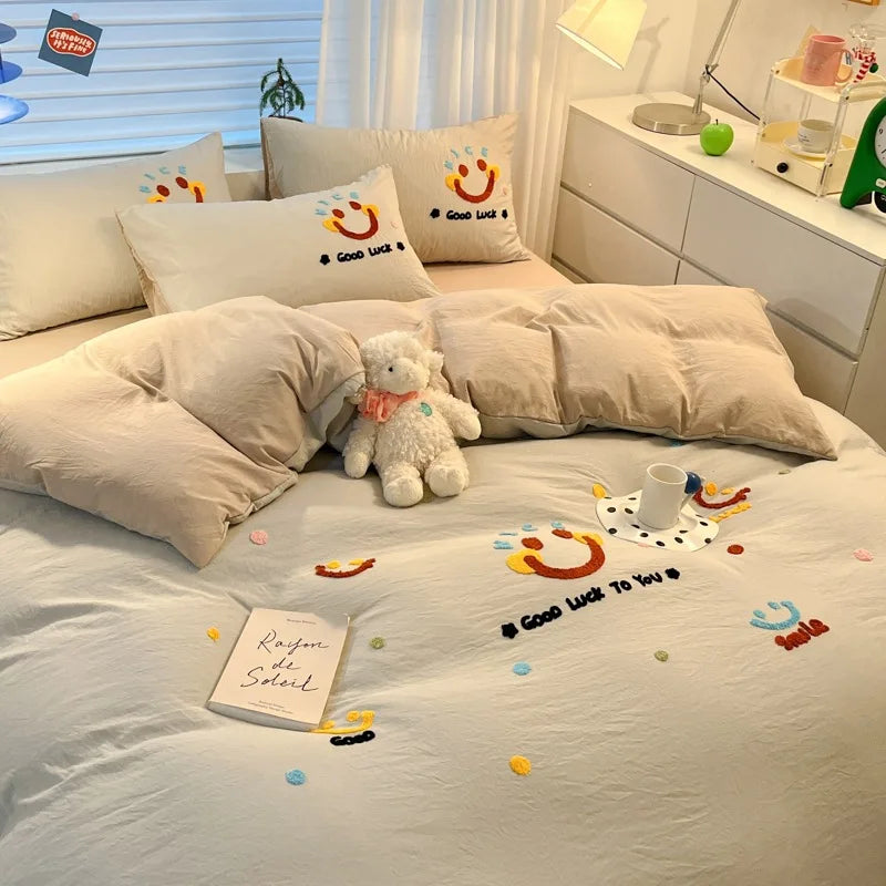 Afralia™ Cartoon Embroidered Cotton Bedding Set for King/Queen Beds