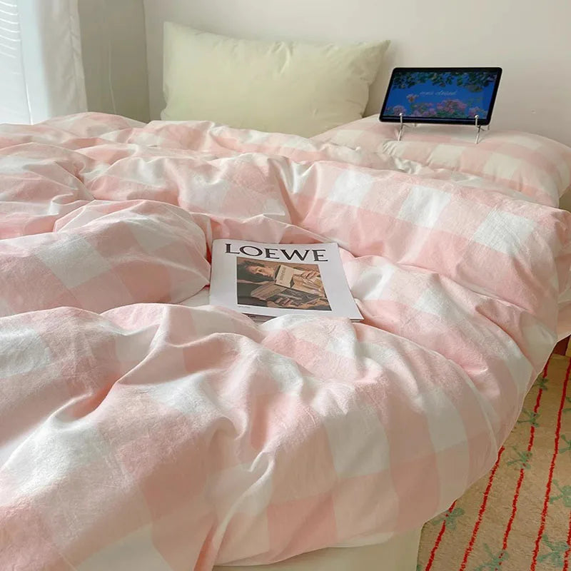 Afralia™ Cozy Cotton Grid Bedding Sets for Student Dorms - Queen/King Bedclothes