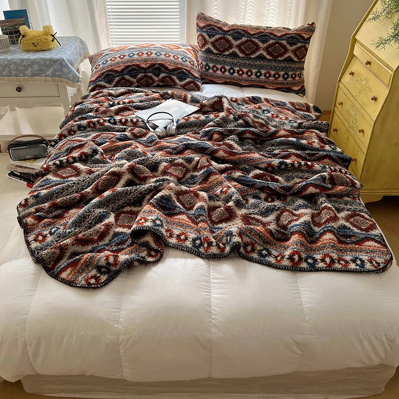 Afralia™ Geometric Printed Half Fleece Sofa Cover: Luxe Bohemian Shawl Blanket for Office Nap