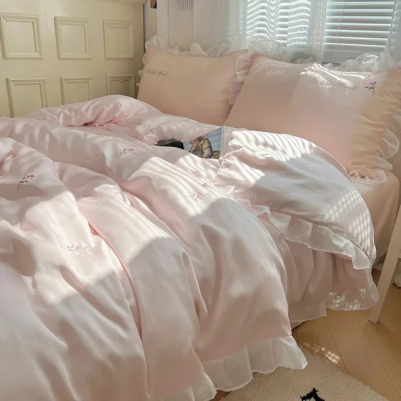 Afralia™ Silky Embroidery Bedding Sets with Lace, Ultimate Comfort for Home and Dorm