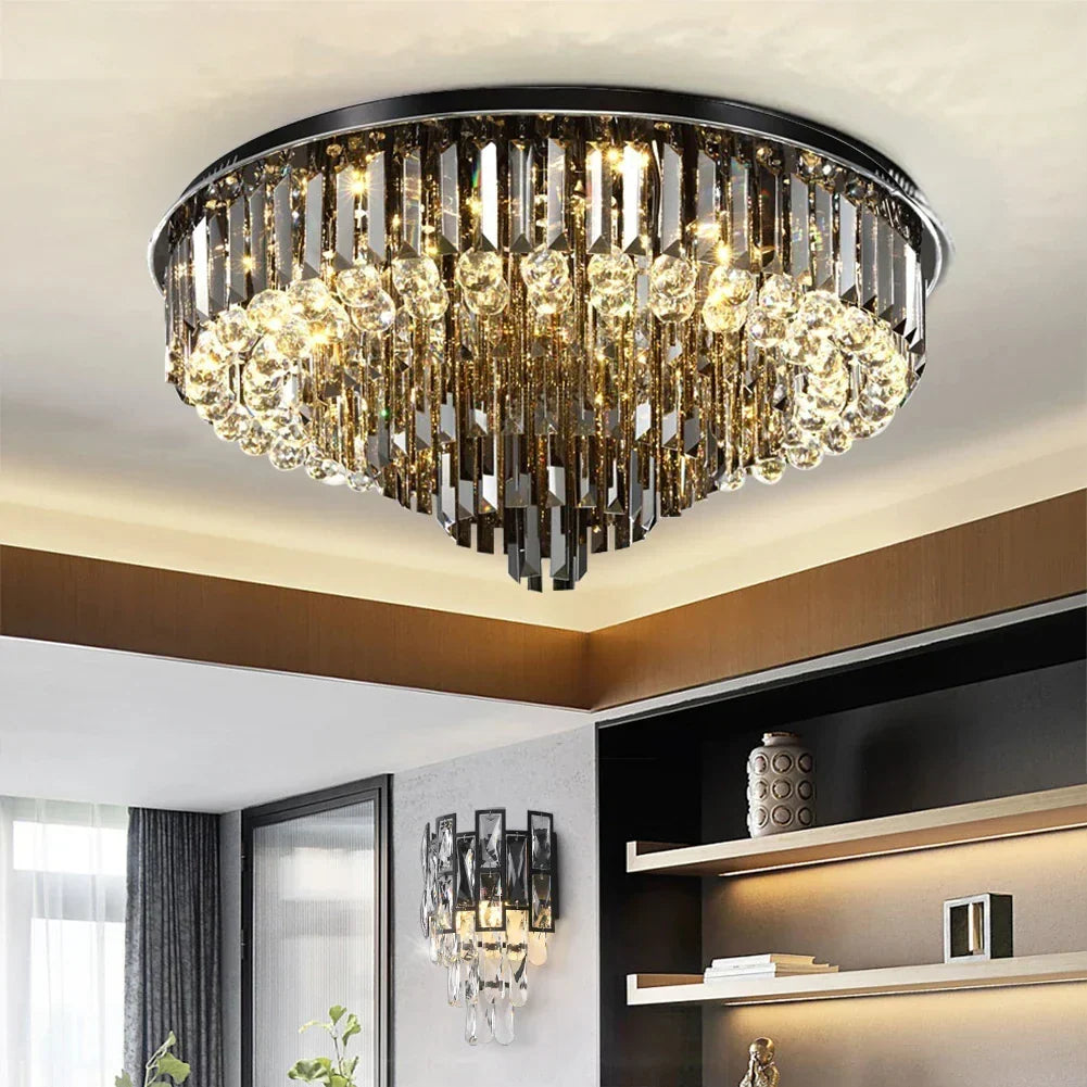 Afralia™ Round Crystal Ceiling Chandelier - Modern Black Gold Living Room Lighting