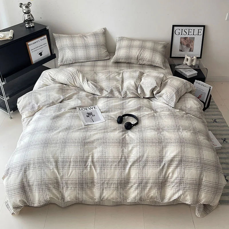 Afralia™ Cotton Grid Bedding Set - Soft & Stylish Bed Sheet, Quilt Cover Kit