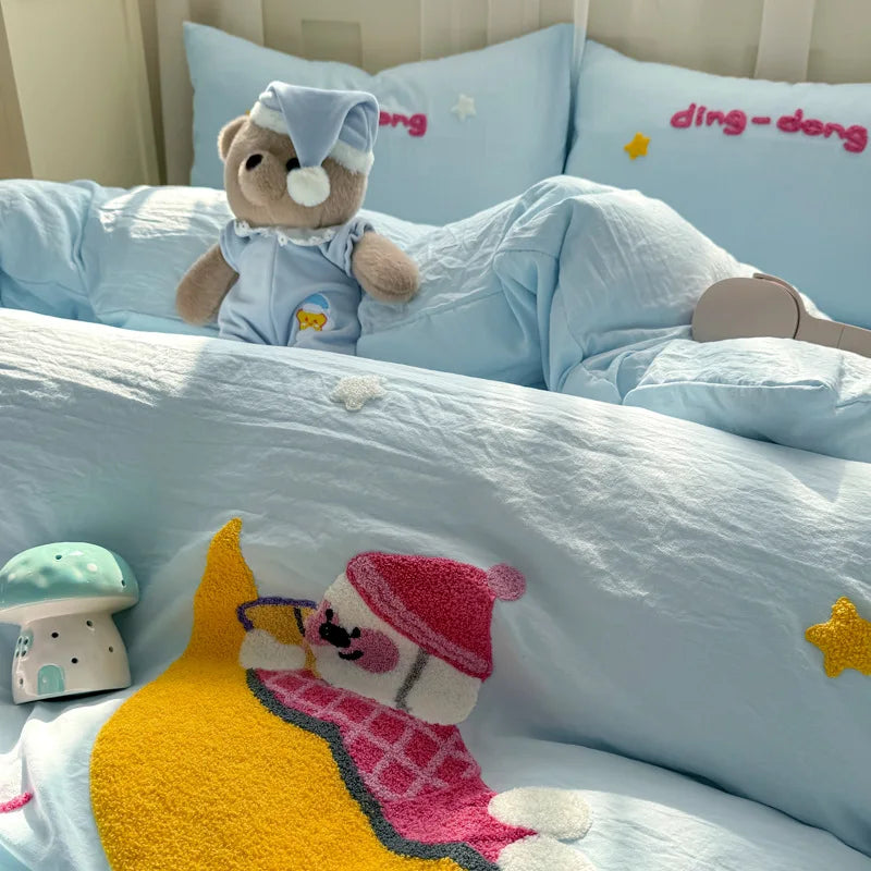 Afralia™ Cartoon Towel Embroidery Bedding Set - Queen Size Bedclothes