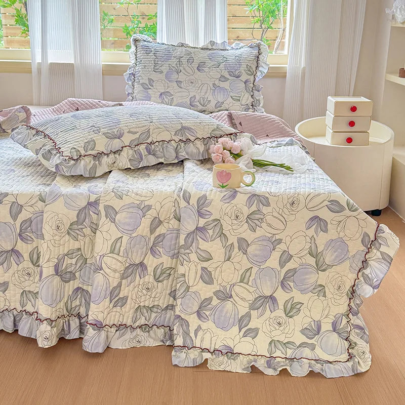 Afralia™ Princess Quilted Bed Cover: Korean Washed Cotton, Single, Lace Detail, Skin-Friendly Fabrics