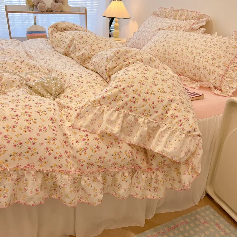 Afralia™ Lace Bedding Set: Printed Design, Single Queen Size, Cozy Quilt Cover, Fitted Sheet, 2 Pillowcases