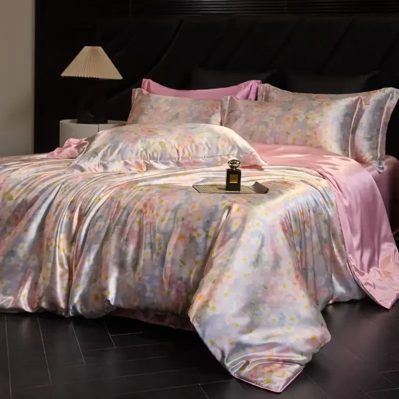 Afralia™ Mulberry Silk Cooling Bedding Set - 3D Printed Satin Fitted Sheet & Quilt Cover