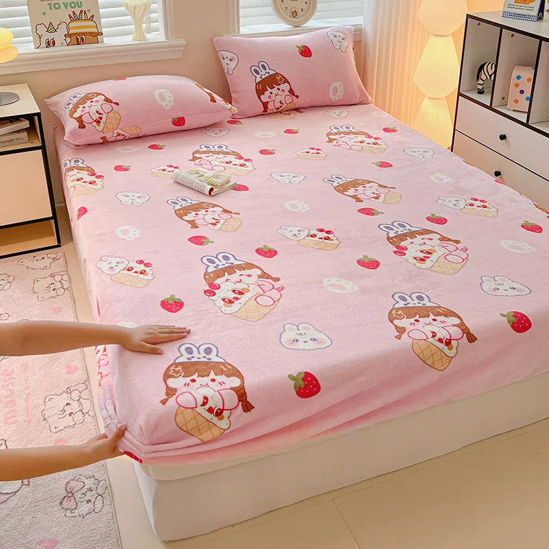 Afralia™ Milk Velvet Cartoon Printed Fitted Sheet - Cozy Plush Mattress Cover