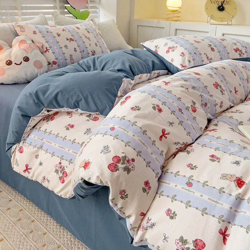 Afralia™ Flower Print Bedding Set 200X230Cm Soft Cotton Duvet Cover Set