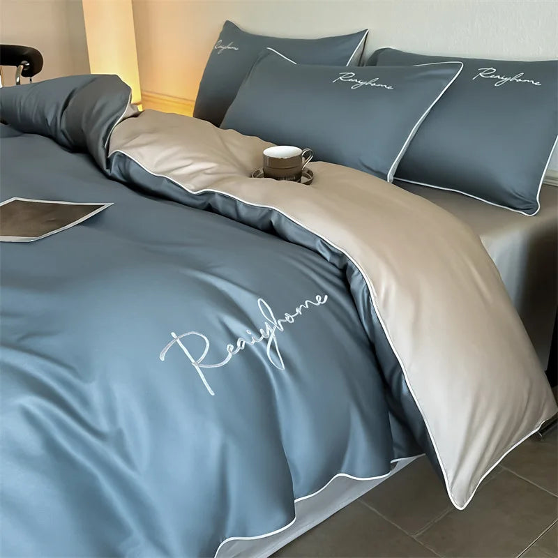 Afralia™ Pure Cotton Luxury Embroidery Bedding Set - Nordic Solid Color Duvet Bedclothes