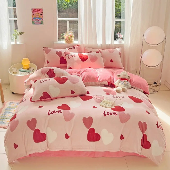 Afralia™ Snowflake Velvet Cute Cartoon Flower Bedding Set for Single Queen