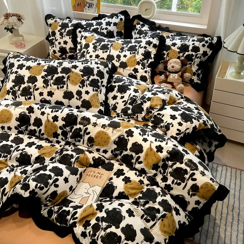 Afralia™ Black White Printed Bed Skirt Bedding Set - Cozy Skin Friendly Linens