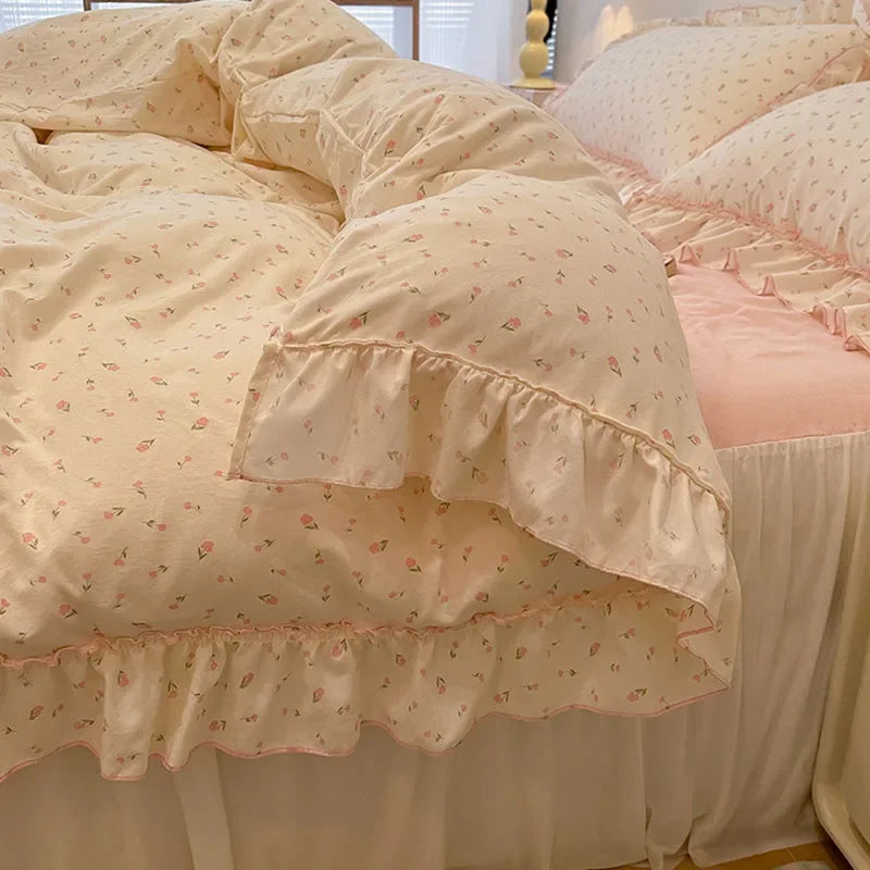 Afralia™ Lace Bedding Set: Printed Design, Single Queen Size, Cozy Quilt Cover, Fitted Sheet, 2 Pillowcases