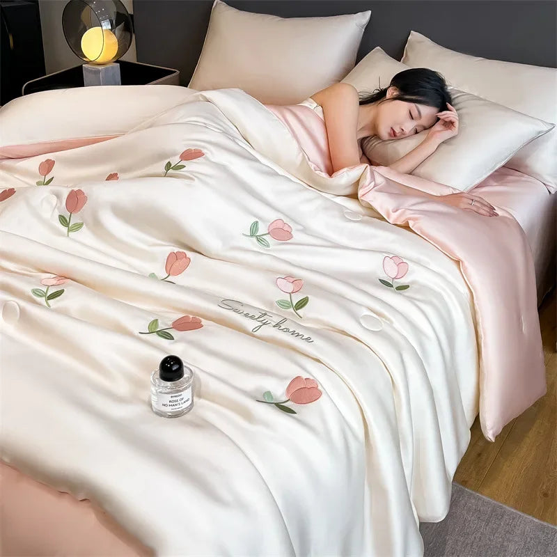 Afralia™ Washed Satin Embroidered Cool Blanket - Soft Skin-Friendly Summer Quilt