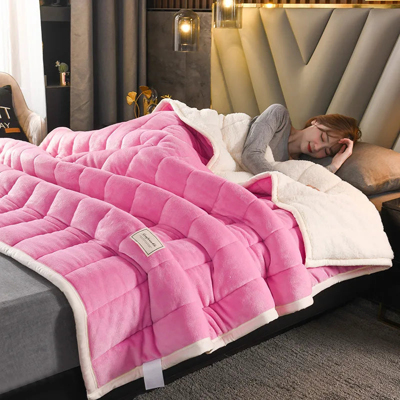 Afralia™ Luxury Coral Fleece Blanket for Bed, 3-Layer Soft Warmth Quilt, Washable Classic Winter Comfort.