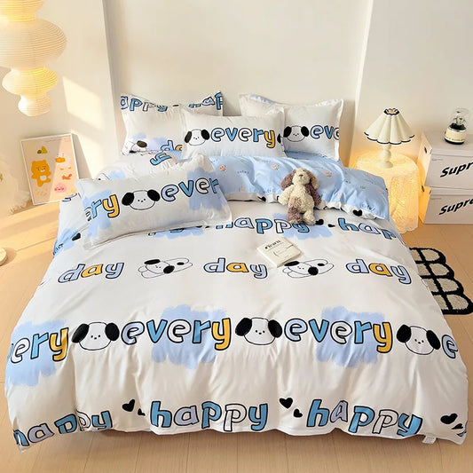 Afralia™ Happy Little Dog Duvet Set with Sheet Pillowcases Queen/King Single Double Bedding