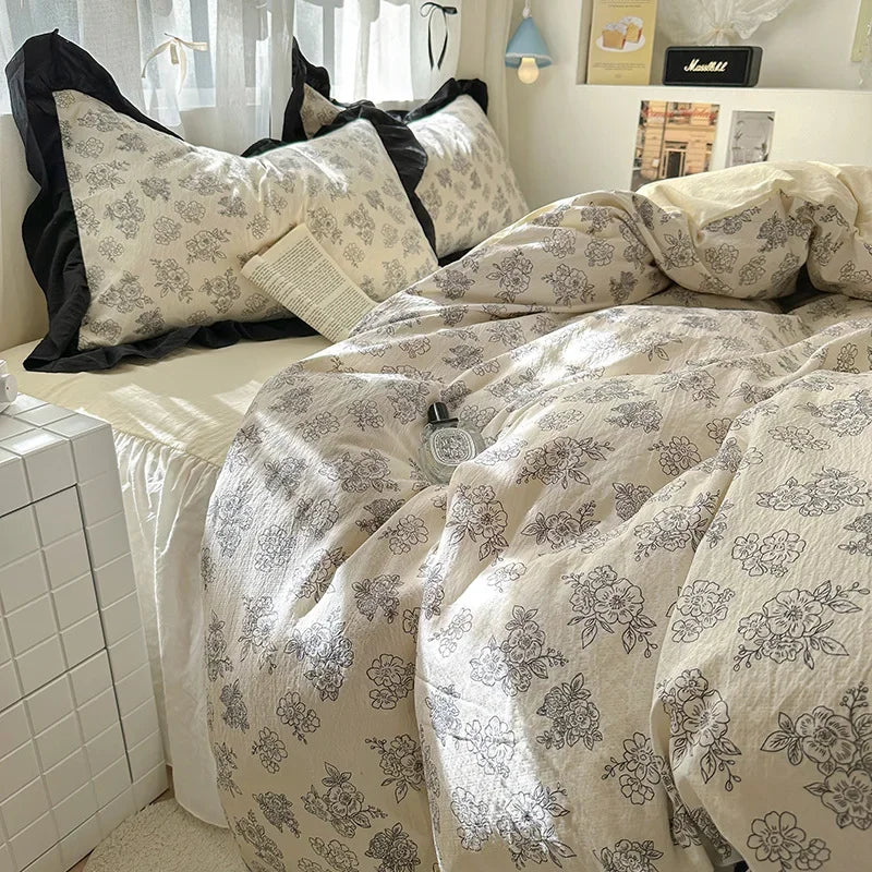 Afralia™ French Washed Cotton Princess Flower Quilt Cover Set - Spring Floral Bedding