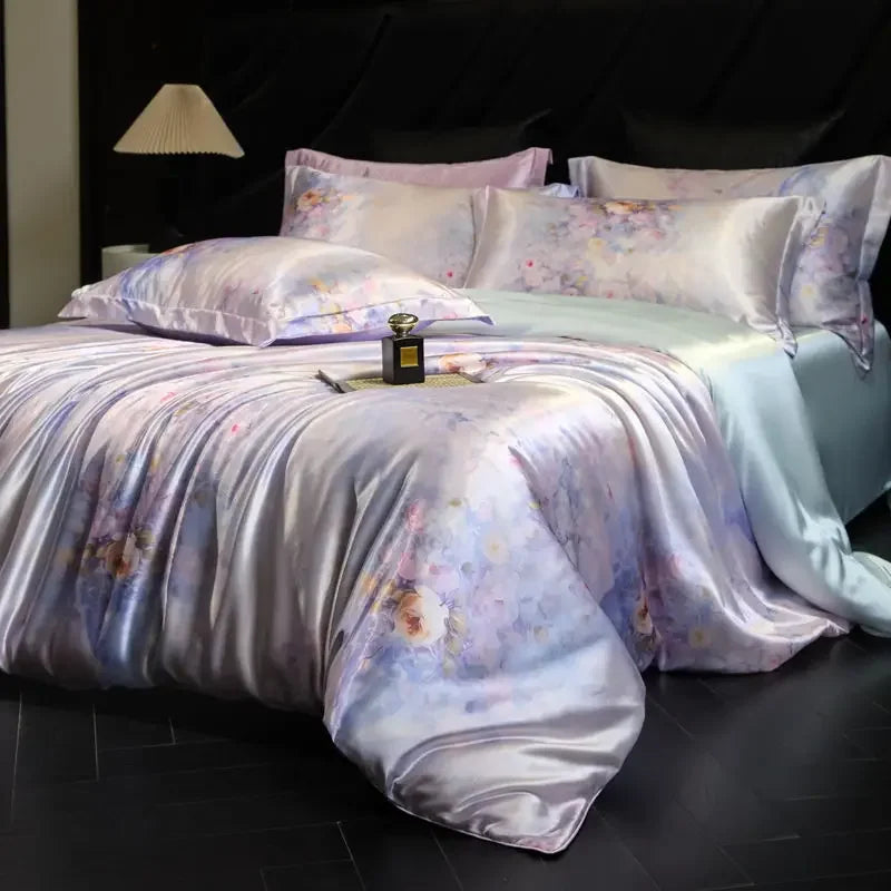 Afralia™ Mulberry Silk Cooling Bedding Set - 3D Printed Satin Fitted Sheet & Quilt Cover