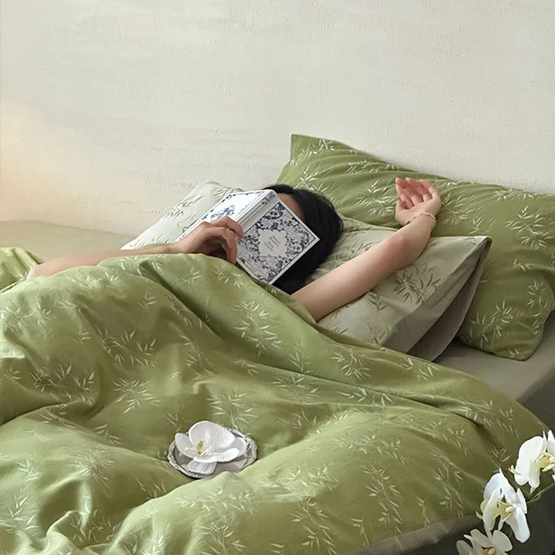 Afralia™ Bamboo Leaf Jacquard Bedding Set: Soft & Comfortable Quilt Set, 100% Cotton, Green, Adult & Kids.