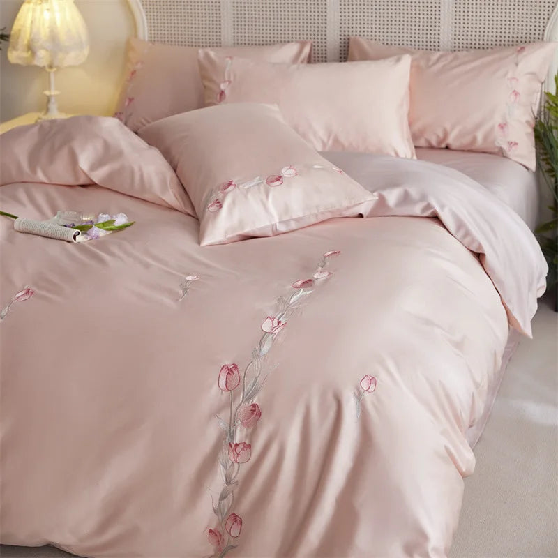 Afralia™ Luxury 100S Long Staple Cotton Embroidery Bedding Set, Ultra Soft Solid Duvet Cover, Double King Size