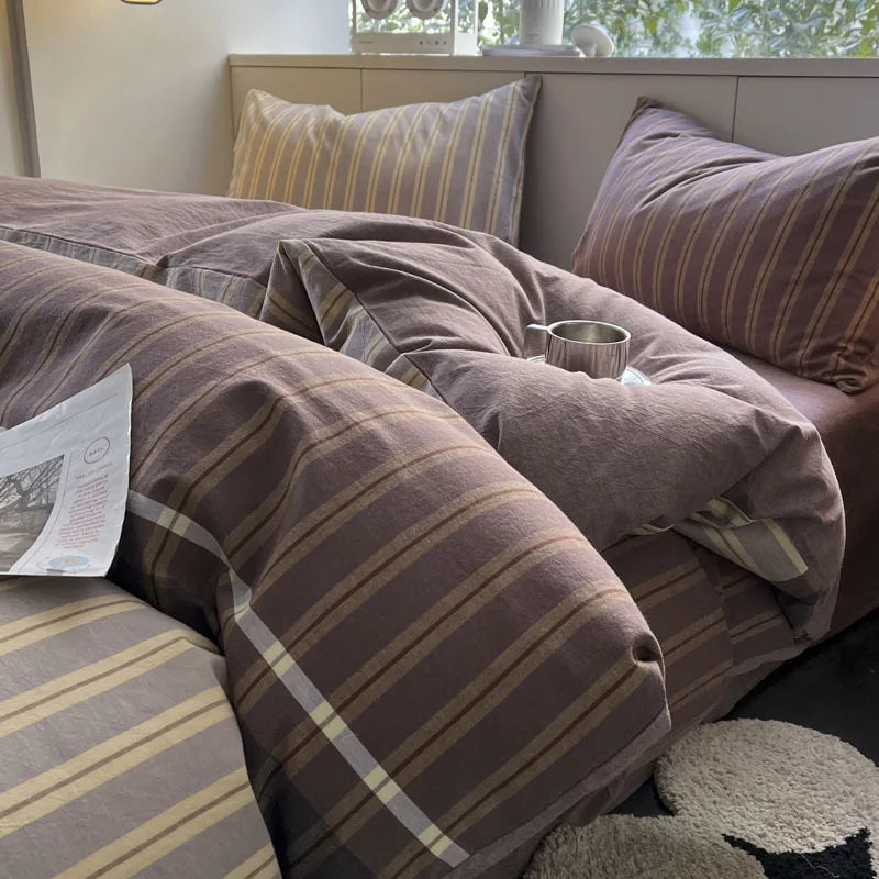 Nordic Grid Print Bedding Set in Wash Cotton Linen for Single Double Bed by Afralia™