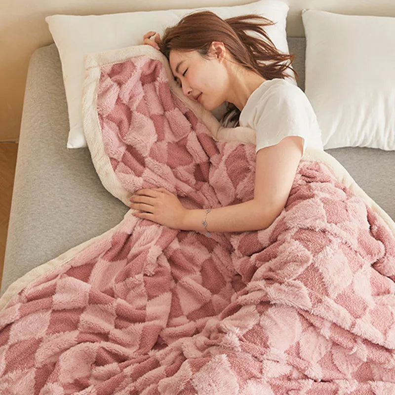 Afralia™ Rabbit Velvet Plaid Jacquard Blanket: Warm, Double Layered, Non-Fading Comforter