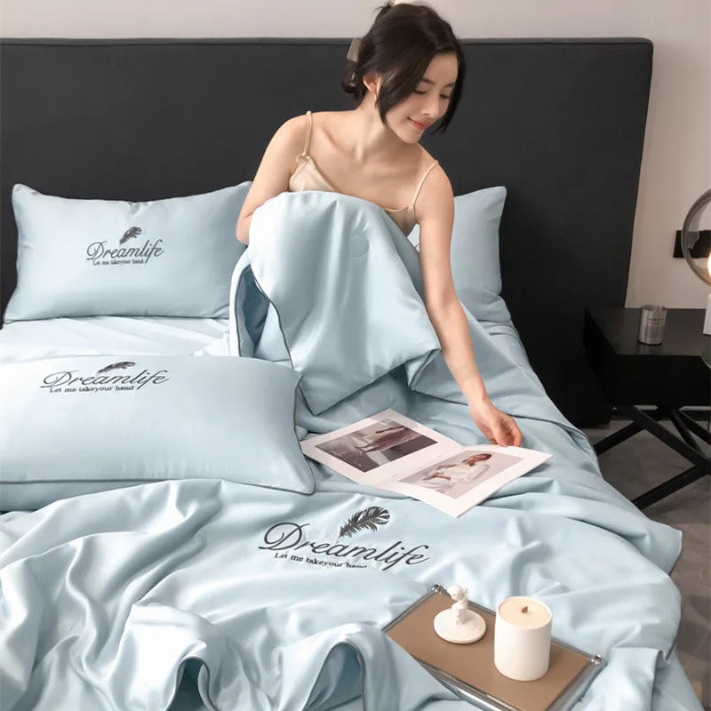 Afralia™ Soft Rayon Silk Summer Comforter Set 4Pcs Single King Size Embroidered Kit
