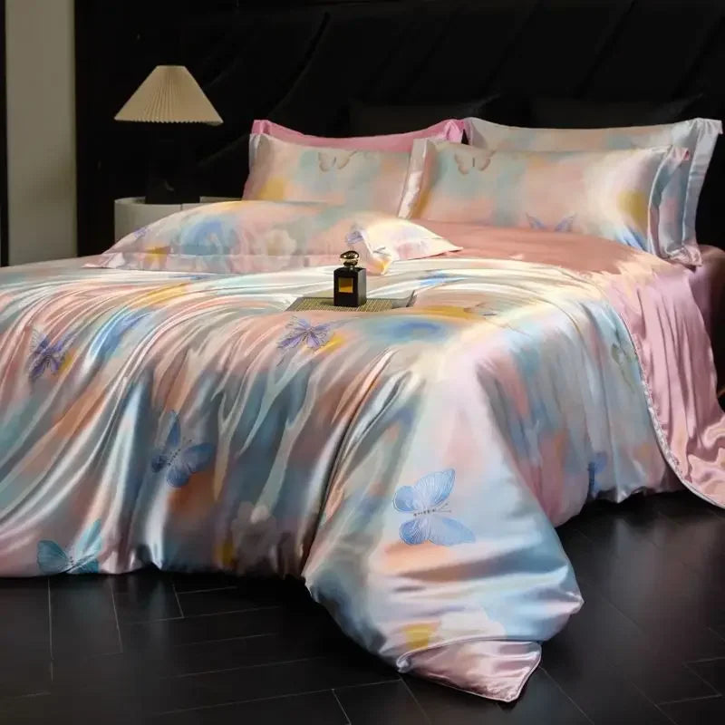 Afralia™ Mulberry Silk Cooling Bedding Set - 3D Printed Satin Fitted Sheet & Quilt Cover