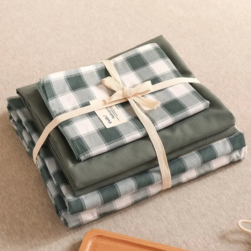 Afralia™ Japanese Grid Printed Cotton Bedding Set in Queen/King for Cozy Sleep
