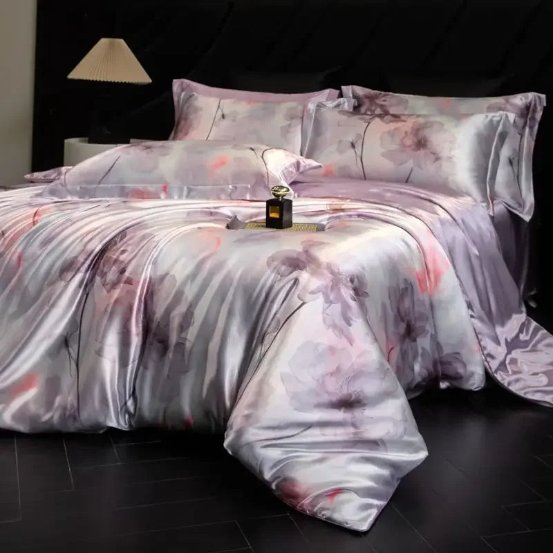 Afralia™ Mulberry Silk Cooling Bedding Set - 3D Printed Satin Fitted Sheet & Quilt Cover